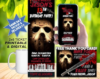 FRIDAY THE 13TH inspired Birthday ticket Invitation And Thank You Card, Printable Invite & Digital Use, Awesome For Any Party!!