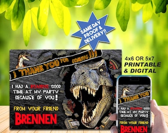 JURASSIC PARK INSPIRED Thank You Card, Printable or Digital Use, Cool Dinosaur Card! My shop has matching invite and cupcake toppers!!!)