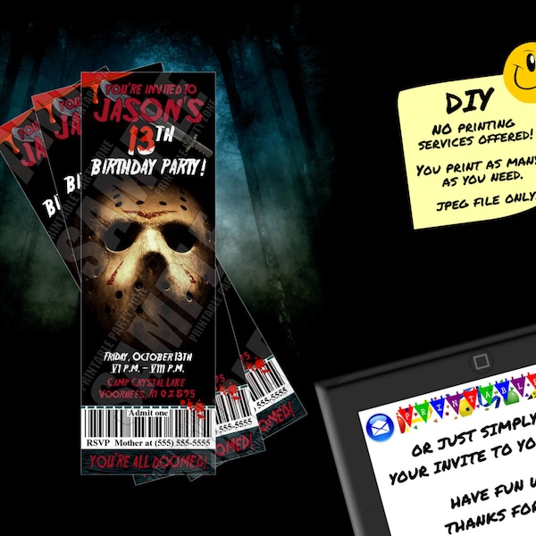 FRIDAY THE 13TH inspired Birthday ticket Invitation, Printable Invite Or Online Use Invite (Evite), Awesome For Halloween!!!