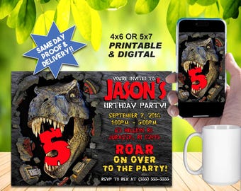 JURASSIC PARK INSPIRED Birthday Invite, Printable or Online Use, Cool Dinosaur Invitation!, (My shop has toppers & Ty Card Matching)