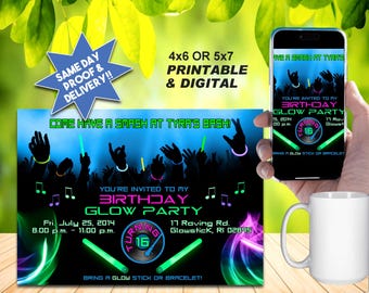 BIRTHDAY GLOW PARTY Invitation, Printable Invite or Online Use, Colorful Glow Stick Party!!!