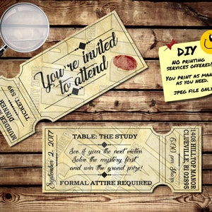 MURDER MYSTERY Ticket Einladung, DIY druckbare Einladung vorne & hinten, Sie erhalten 2 Einladungen pro Blatt, realistisch aussehend!