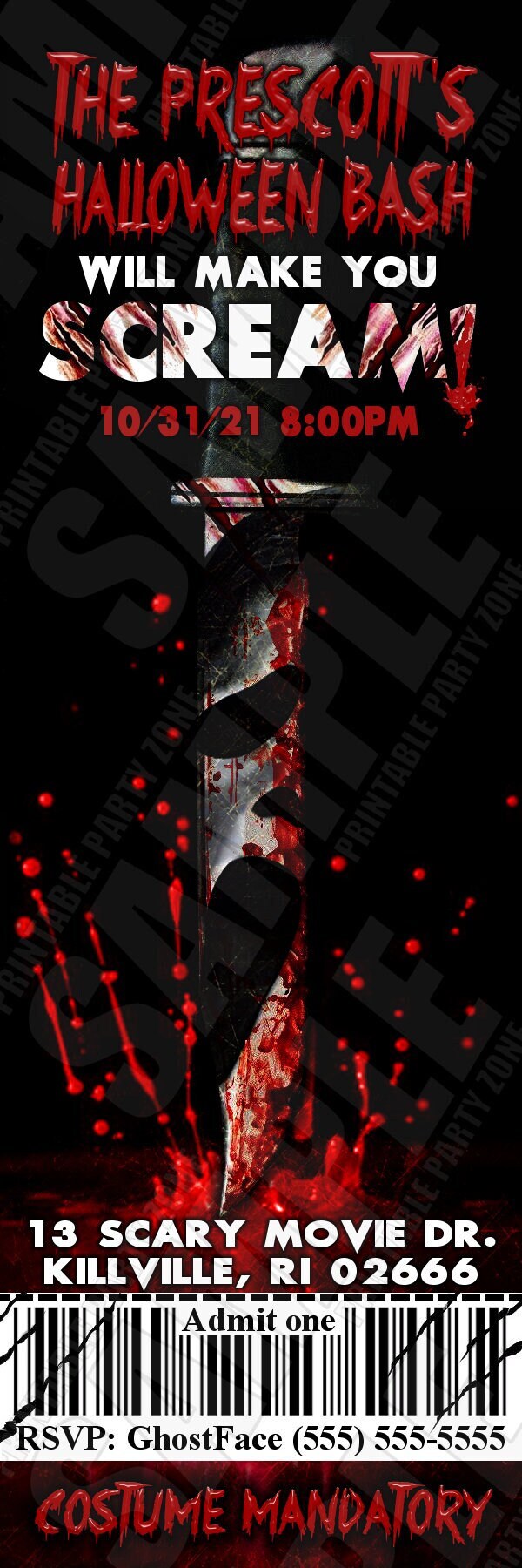 Scream Inspired Halloween Ticket Invitation Printable Invite Etsy