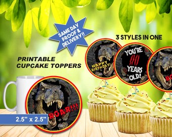 DINOSAUR PARK BIRTHDAY Cupcake Toppers, Personalized age, Printable File, (Check my shop for matching invite!!!)