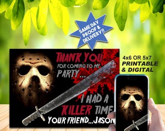 HOCKEY MASK KILLER Thank You Card - Printable Or Online Use - (My shop also has a matching invite!!!!!) Ch Ch Ch, Ha Ha Ha!!!