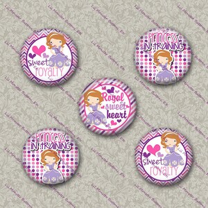 May include: A collection of five round buttons with princess-themed designs. Each button features a cartoon princess in a purple dress, with text like "Sweet Royalty" and "Princess in Training" in a mix of pinks and purples.