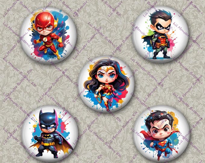 Set of 5 Buttons - Superheroes 4- Please Read Description