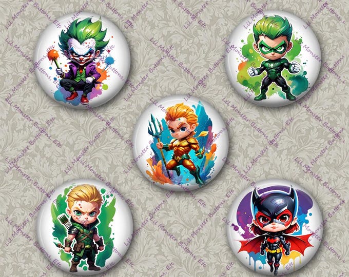 Set of 5 Buttons - Superheroes 5- Please Read Description