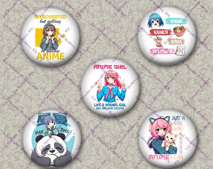 Set of 5 Buttons - Anime Girl - Please Read Description
