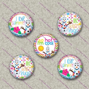 May include: Five round buttons with colorful designs. Each button features a cartoon snowman with text like "I love summer" and "I like warm hugs." The buttons have floral and heart accents.
