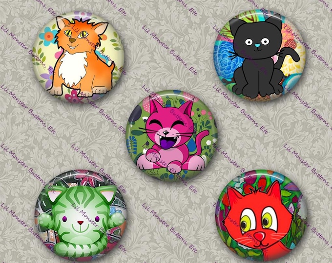 Set of 5 Buttons - Cute Cats 3- PLEASE READ DESCRIPTION