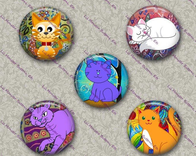 Set of 5 Buttons - Cute Cats 4- PLEASE READ DESCRIPTION