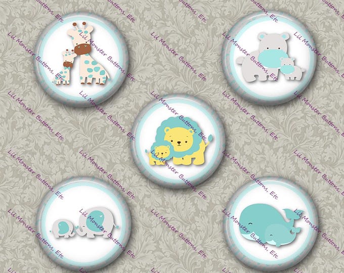 Set of 5 Buttons - Jungle Babies Blue - Please Read Description