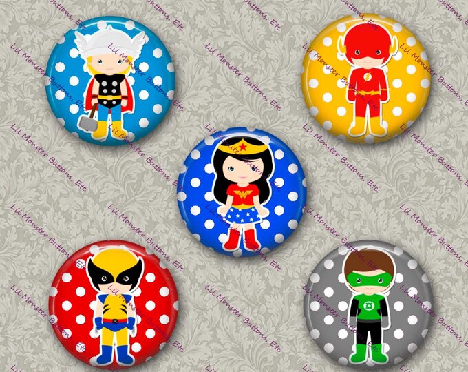 Set of 5 Buttons - Superheroes - PLEASE READ DESCRIPTION