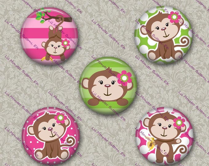 Set of 5 Buttons - Green Pink Monkey - Please Read Description