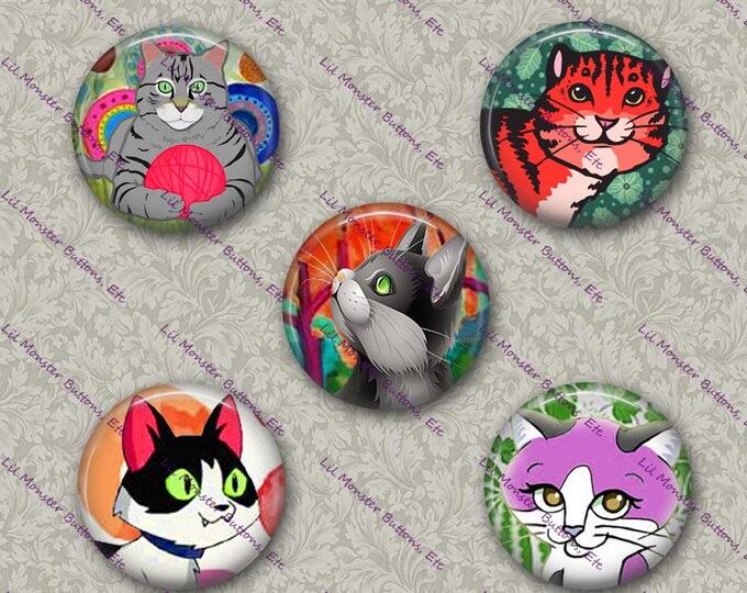 Set of 5 Buttons - Cute Cats 1- PLEASE READ DESCRIPTION