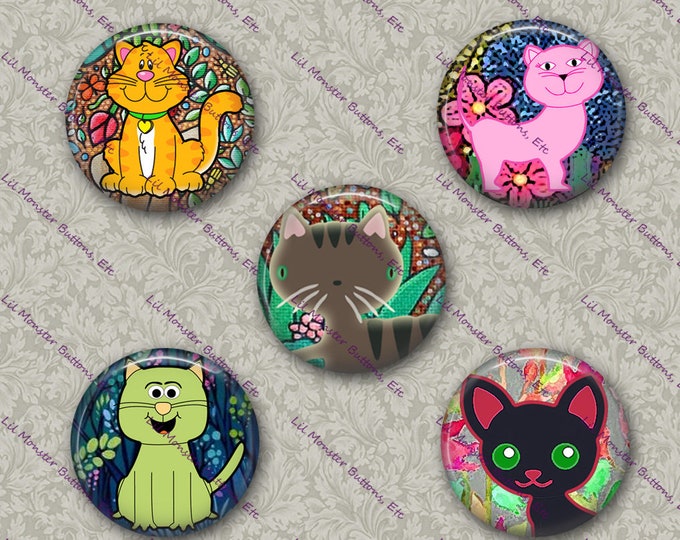 Set of 5 Buttons - Cute Cats- PLEASE READ DESCRIPTION