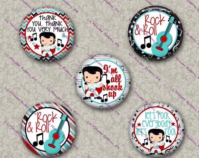 Set of 5 Buttons - Elvis Rock N Roll 2 -  Please Read Description