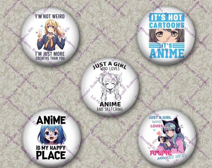 Set of 5 Buttons - Anime Girl 3 - Please Read Description