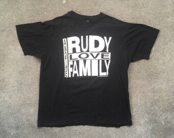 Vintage 1980s RUDY And The LOVE FAMILY 'Live At Last' Black Concert Tour T-Shirt Size Medium Large Hipster Swag Soul Funk Hip Hop Band Music