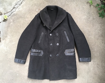 Vintage Mens 1930s SPORTCLAD Salt & Pepper Black Wool Shawl Collar MACKINAW Work Coat Size Large 48 Barnstormer Double Breasted Workwear