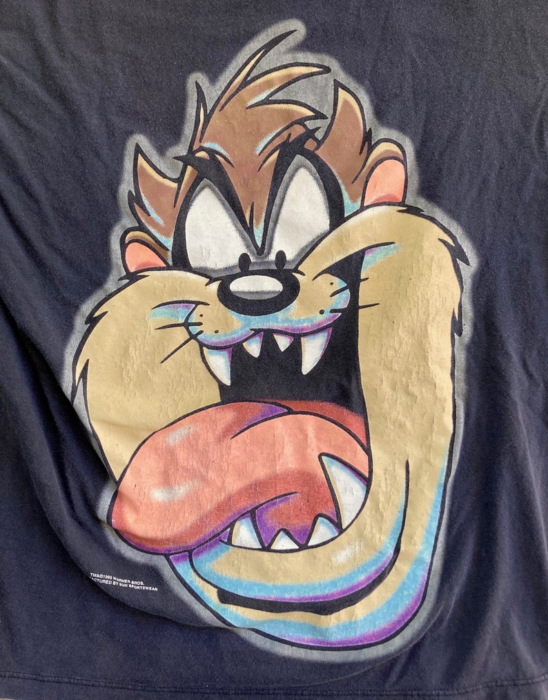 May include: A black t-shirt featuring a large, colourful graphic of Taz the Tasmanian Devil from the Looney Tunes cartoon. Taz is depicted with his mouth open, tongue sticking out, and a menacing expression. The text "Warner Bros. Licensed Product" is printed at the bottom of the shirt.