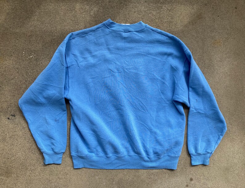 May include: A light blue sweatshirt with long sleeves and a crew neck.