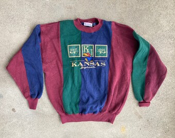 Vintage 1990s KU Kansas Jayhawks Basketball Colorblock Pullover SWEATSHIRT Size Medium Made In USA Swag Hipster College Basketball Bill Self