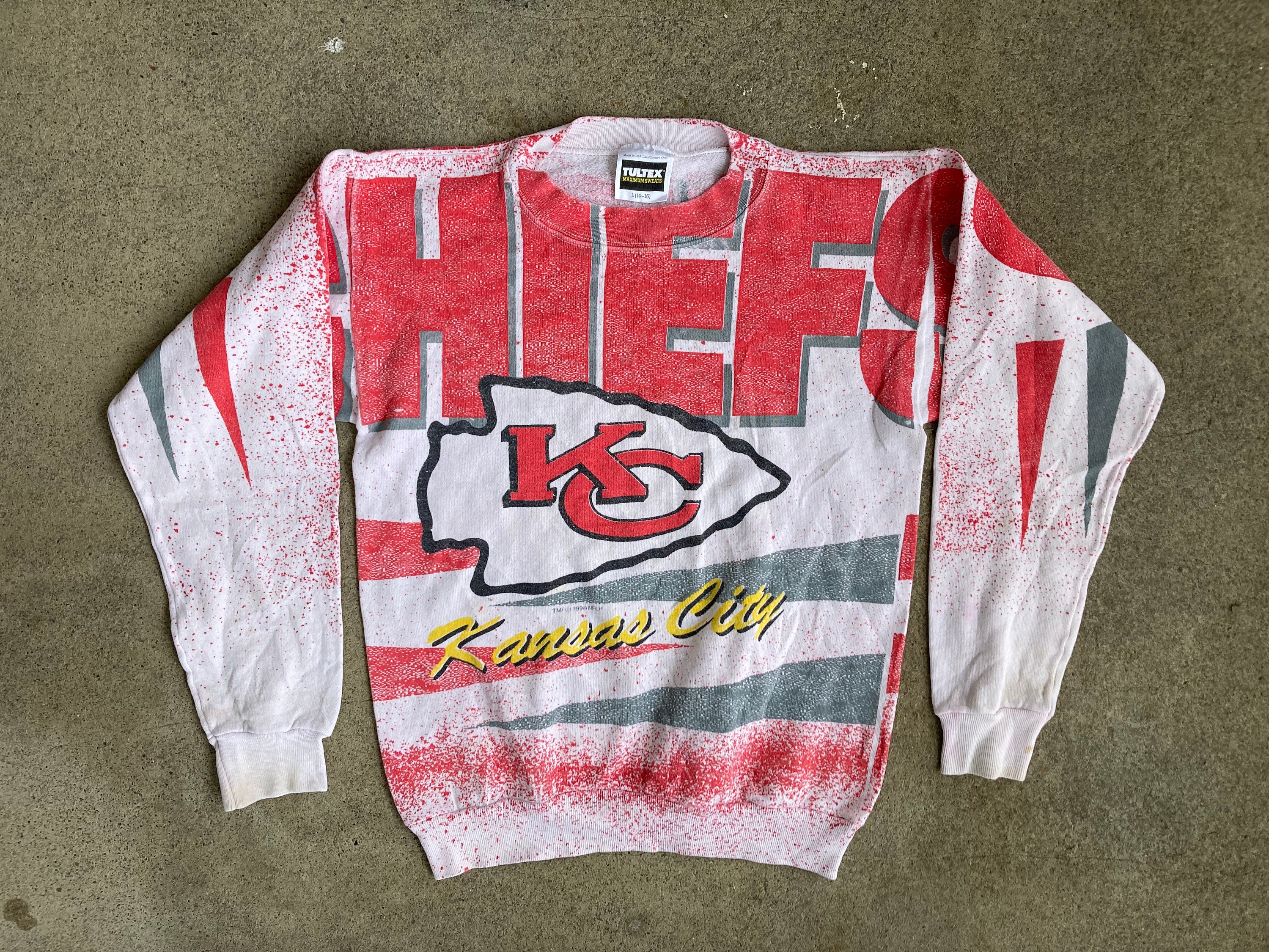 Vintage 1990s NFL Kansas City CHIEFS All Over Print Pullover SWEATSHIRT Size Extra Small Football Aop Mahomes Kelce