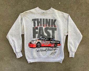 Vintage 1990s Darrell Waltrip THINK FAST Grey Long Sleeve SWEATSHIRT Size Small Nascar Racecar #17