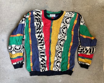 Vintage 1990s CALRO COLUCCI Mosiac Vibrant Multi Color Textured Cotton SWEATER Size Extra Large Biggie Hip Hop Swag Geometric Abstract Coogi