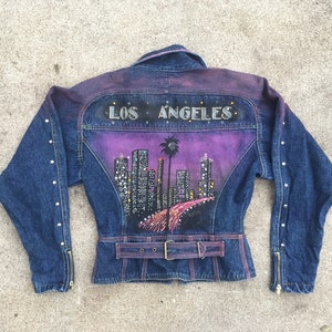 Vintage Womens 1990s LOS ANGELES Custom Painted & Studded Zip Up Denim Jean JACKET Size Small Medium Hipster Swag Guess Levis