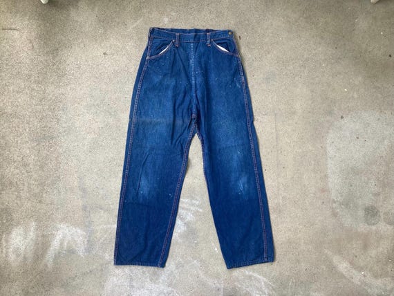 Vintage Womens 1950s DARK Indigo Denim Side Zip JEANS Size Medium 30 x 29 High Waisted Pants Lee Levis Workwear