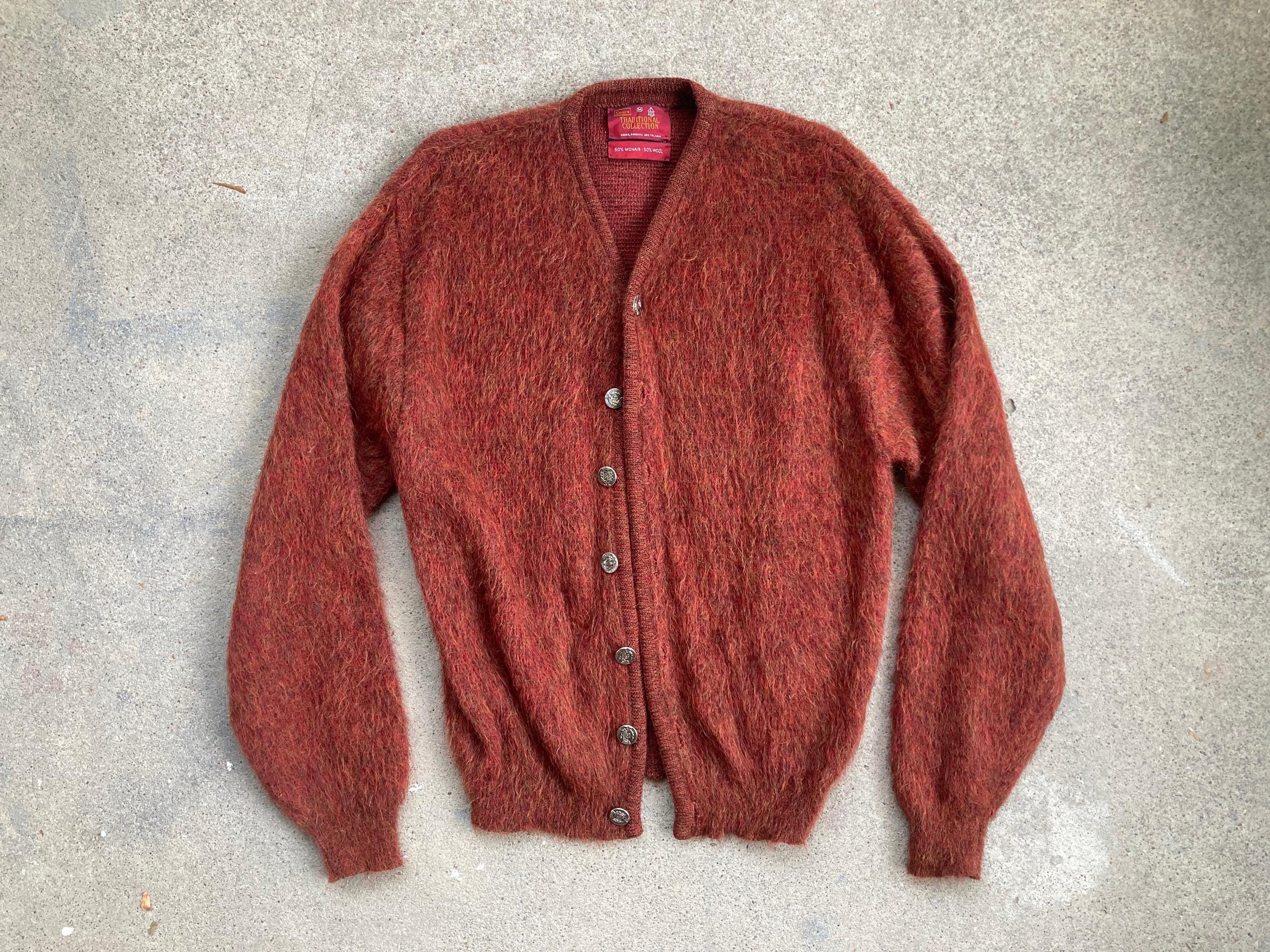 Vintage 1960s Sears MOHAIR Rust Brown Orange Button up