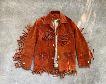 Chaqueta vaquera estilo western vintage de los años 60, de cuero marrón anaranjado quemado con flecos, talla pequeña 38, estilo hipster, estilo motero, estilo bohemio, hippie.