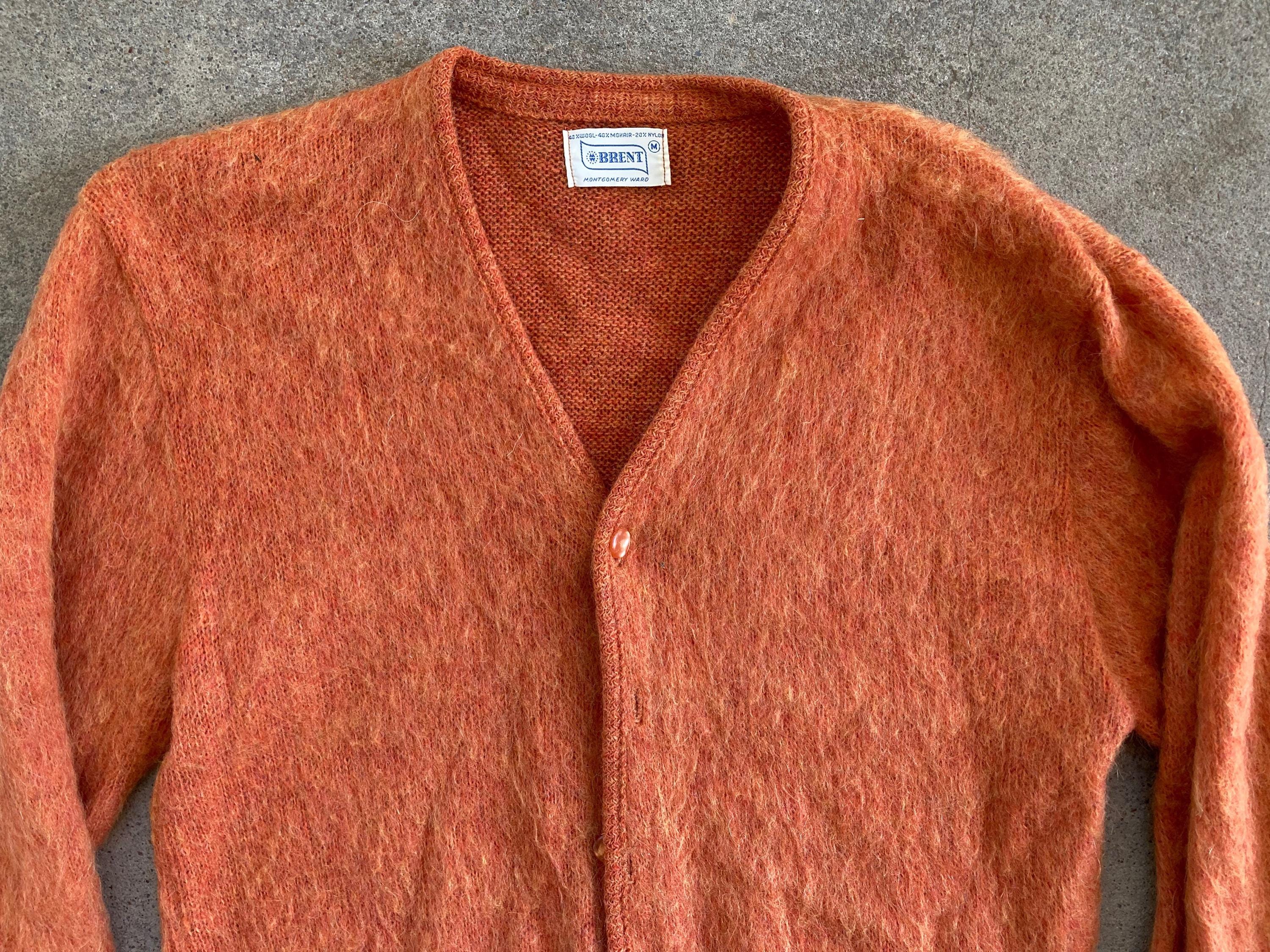 60's BRENT vintage mohair cardigan USA製 Vintage 1960s Brent MOHAIR Salmon Burnt Orange Button up CARDIGAN