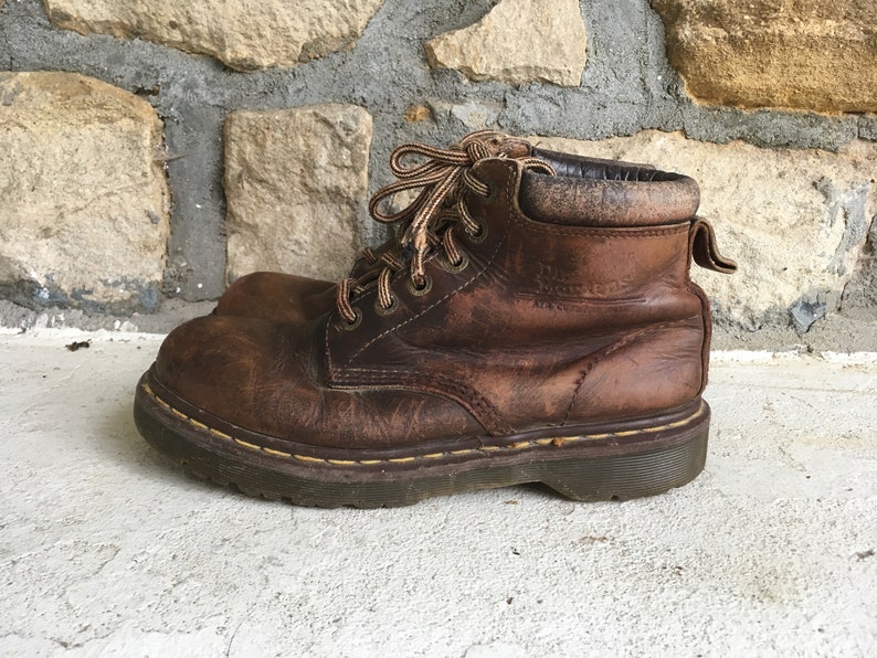 Vintage 1990s Mens DOC MARTENS Distressed Brown Leather Lace Up Boots Size US 9 9.5 Made in England Hipster Grunge
