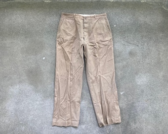 Vintage 1940s Mens HBT Tan Brown Cotton Button Fly WORK PANTS Size