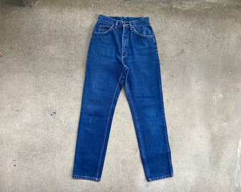 Vintage 1990s Womens LEE Riders Straight Leg High Waisted USA Made Denim JEANS Size 25 x 31 Zipper Fly Dark Wash 501 Levis Boyfriend