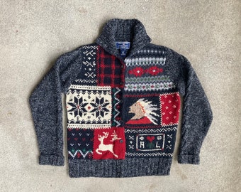 Vintage 1990s RALPH LAUREN Polo Sport Cardigan SWEATER Size Medium Indian Chief Patchwork Southwest Winter Pwing 92 Swag Hip Hop Bear