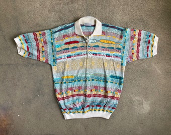 Vintage 1990s Authentic COOGI 3D Mosaic Multi Color Short Sleeve Cotton Polo SWEATER Size Medium Biggie Hip Hop Rap Abstract Pastel Textured