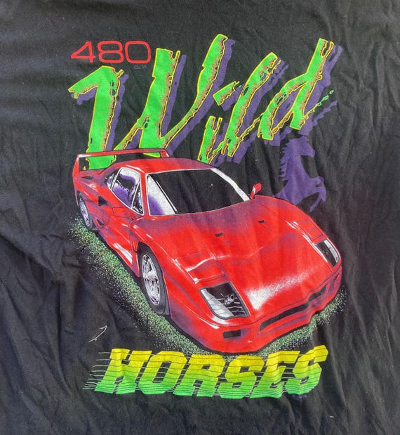 Vintage 1990s FERRARI 480 Wild Horses Black T-SHIRT Size Extra