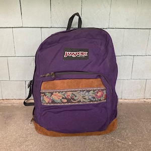 90s jansport backpack Vintage 1990s JANSPORT Floral Purple Nylon & Leather Camping Daypack  BACKPACK Made in USA School Hipster Rucksack Bag