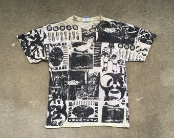 Vintage BIOHAZARD All Over Print White Cotton T-SHIRT Size Small Medium AOP Rap Punk Metal Pushead