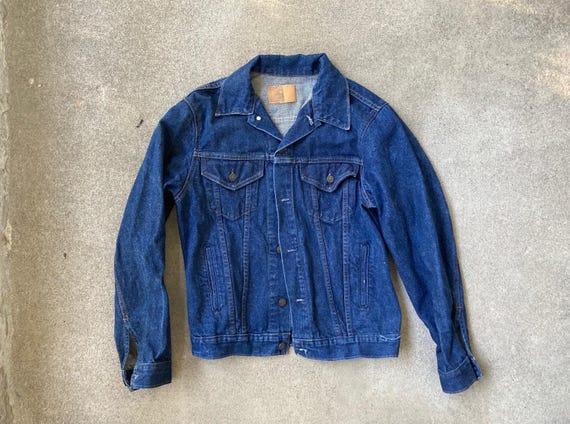 Vintage 1970s 80s PLAIN POCKETS Dark Indigo Denim Jean JACKET Size