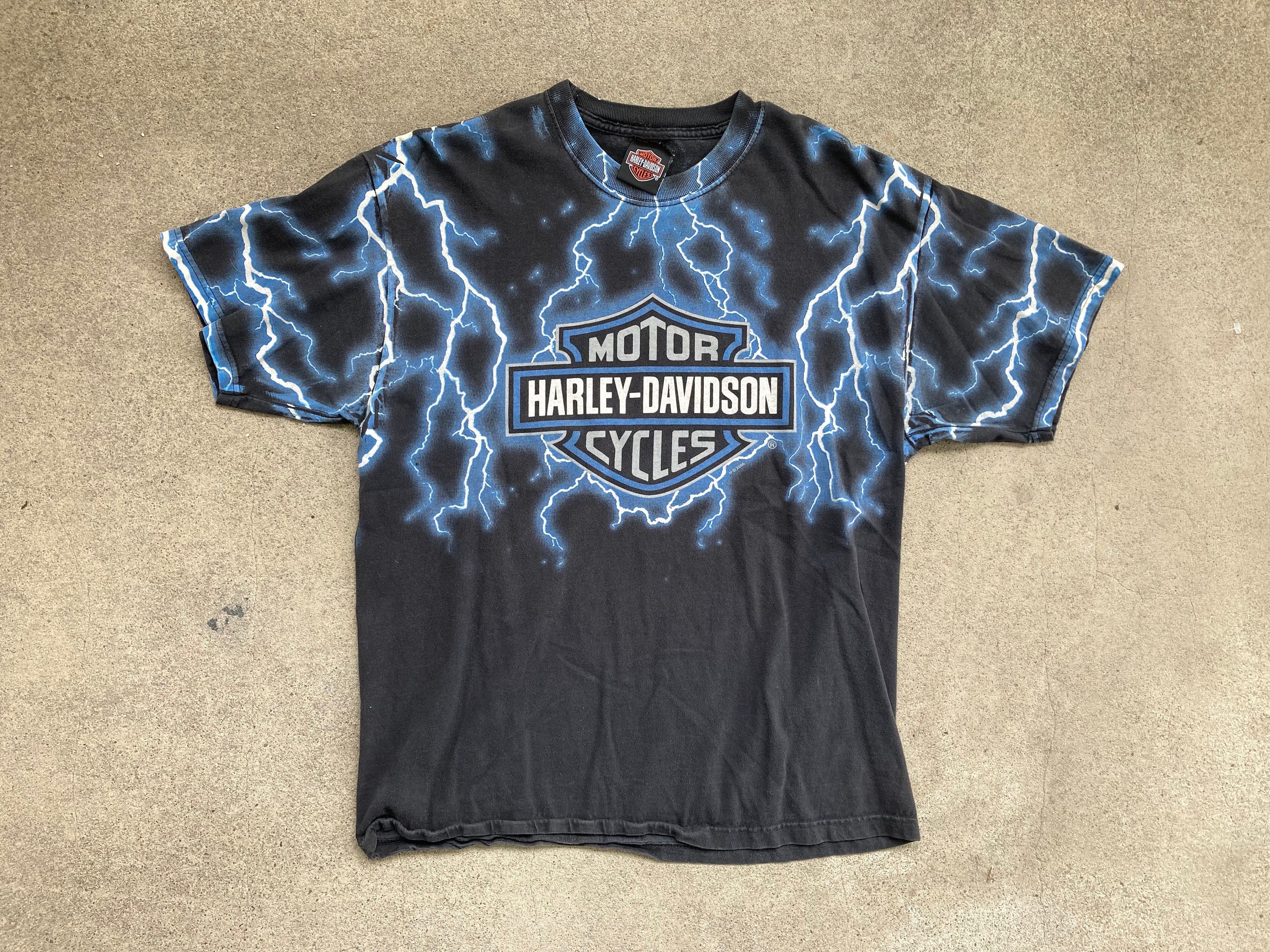 Vintage HARLEY DAVIDSON Lightning All Over Print Black T Vintage HARLEY DAVIDSON Lightning All Over Print Black T