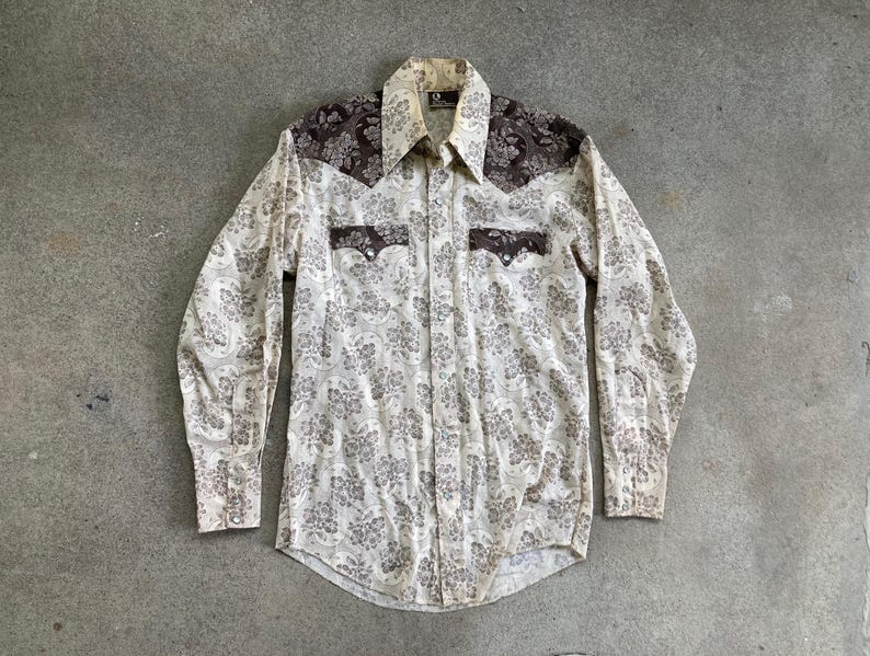vintage des années 1970 penneys imprimé floral perle pression chemise western taille petit moyen hippie mod cowboy