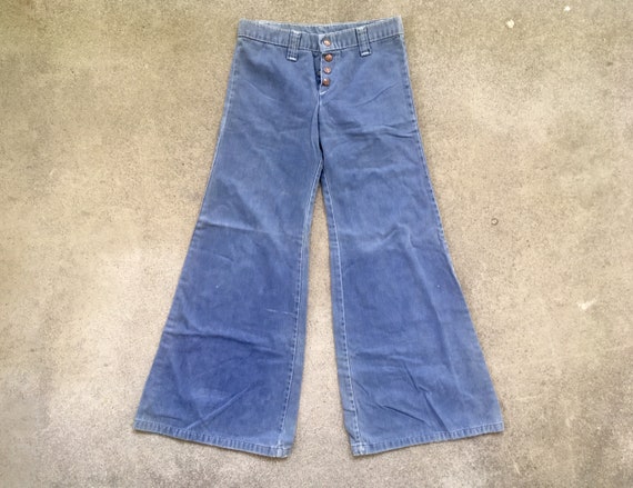 Vintage 1970s Blue Brushed Cotton BELL BOTTOM Snap Button PANTS Size 28 X  29 Hippie Flare Levis Sta Prest Mod Disco Denim Jeans 