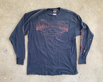 CAMISETA HARLEY DAVIDSON VINTAGE DE MANGA LARGA, NEGRA, DESGASTADA, TAMAÑO GRANDE, MOTOCICLISTA, EMBELLECIMIENTO 3D, HAWG WINDSOR, FLAMA Y2K