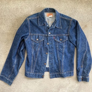 Vintage 1970s LEVIS Dark Indigo Denim Little E Work JEAN JACKET Size Medium Large Lee Wrangler Workwear